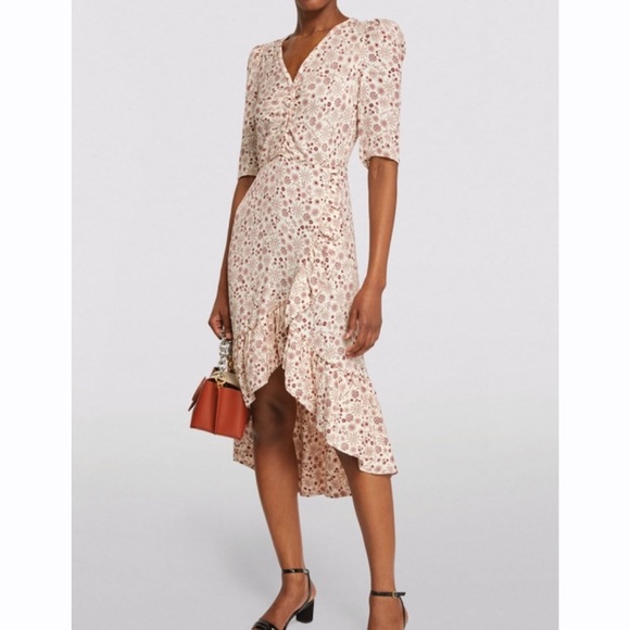 SANDRO Trinidad Floral Wrap Front High Low Asymmetrical Dress Ecru & Red Size 34 - Picture 13 of 13